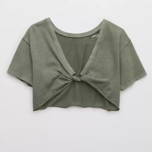 Aerie Flip Out T-Shirt, reversible twisted crop top in olive green, NWT